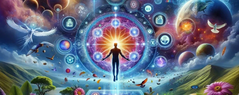 A psychedelic artwork showing a man transcending this plane.